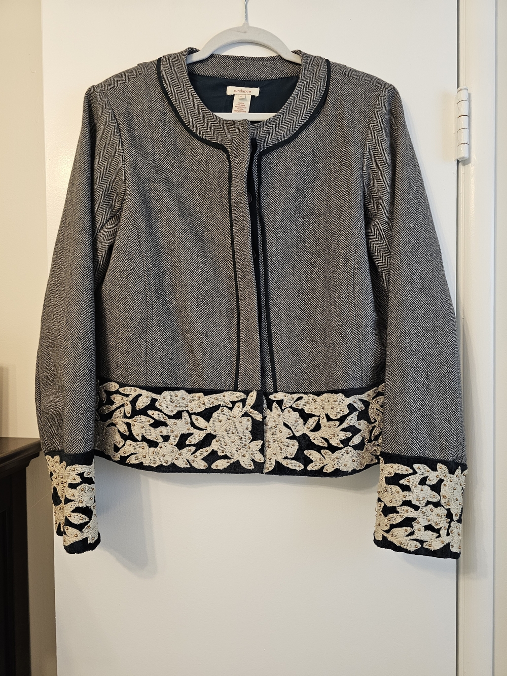 Blue and Tweed Jacket with Ivory Lace Applique